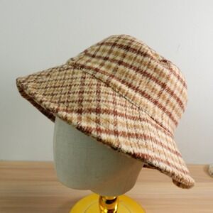 Fuzzy Houndstooth Check Bucket Hat Brown Beige Glen Plaid Winter 90s Retro Y2K